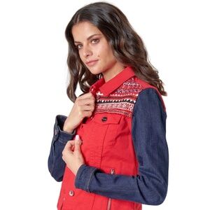 Desigual Red Denim Cropped Jean Jacket Embroidered US 6 New